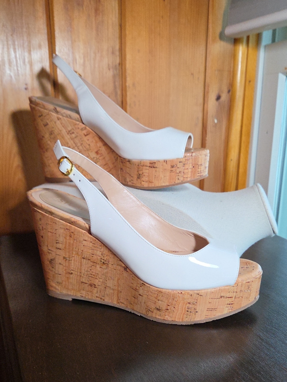 Stuart Weitzman Patent Leather Slingback Cork Wedges